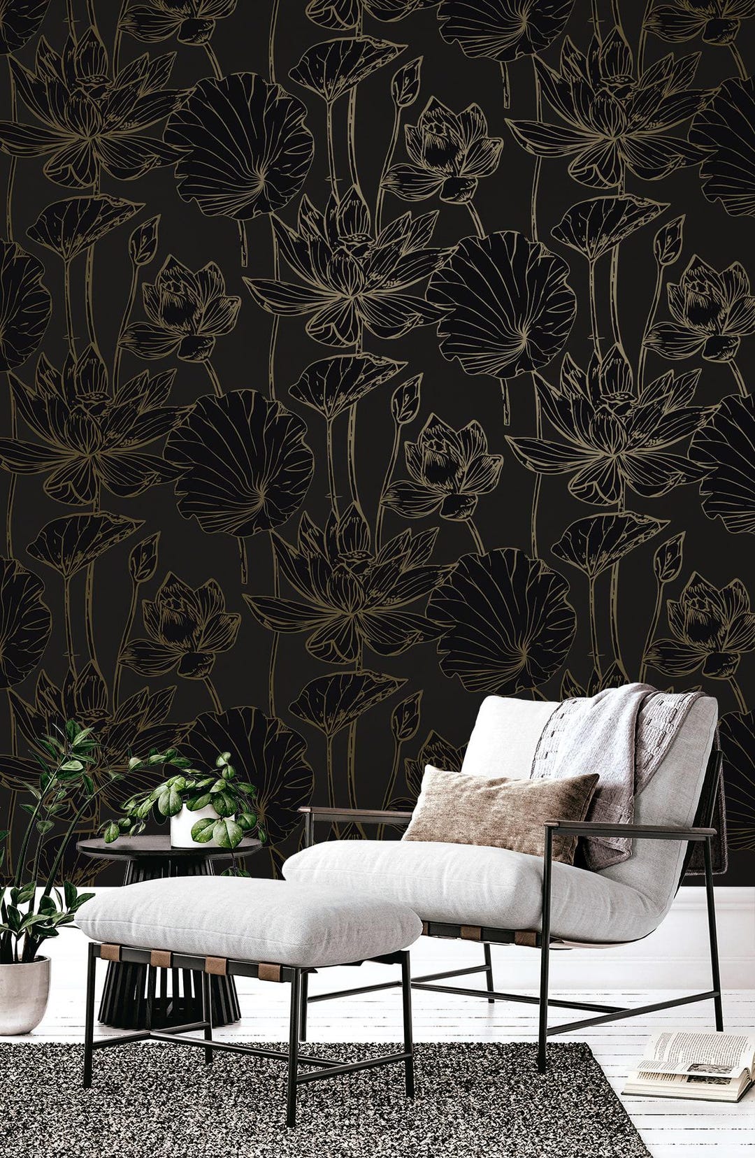 Floral Wallpaper Black Designer Wallcovering Unpasted Contemporary Wall ...