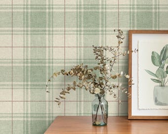Green Plaid Peel and Stick Wallpaper | Faux Linen Texture