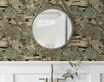 Vintage Toile Peel and Stick Wallpaper Brown Neutral Blue Botanical Scenic Renter Friendly Wallcovering