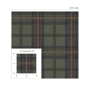 May include: A green, brown, and blue plaid fabric with a 20.5-inch width. A smaller 6" x 6" scale sample is shown. The fabric has a classic tartan pattern with intersecting lines and a textured appearance.