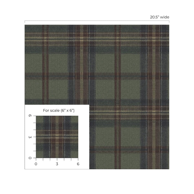 May include: A green, brown, and blue plaid fabric with a 20.5-inch width. A smaller 6" x 6" scale sample is shown. The fabric has a classic tartan pattern with intersecting lines and a textured appearance.
