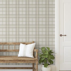 May include: A rustic wooden bench with a white pillow featuring vertical stripes sits in front of a plaid wallpaper. A potted plant with large green leaves is next to the bench. A white door with a bronze handle is on the right.
