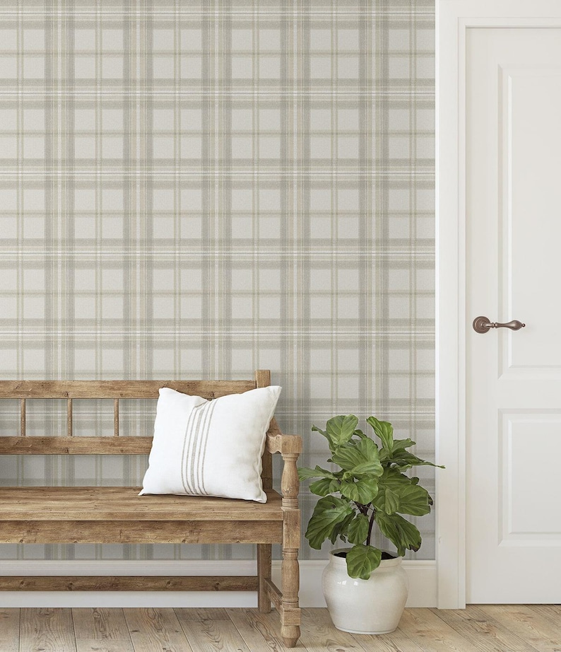 May include: A rustic wooden bench with a white pillow featuring vertical stripes sits in front of a plaid wallpaper. A potted plant with large green leaves is next to the bench. A white door with a bronze handle is on the right.