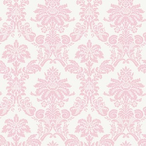 May include: A seamless pattern featuring a pink damask design on a white background. The pattern is intricate and elegant, with a repeating motif of floral and scrollwork.