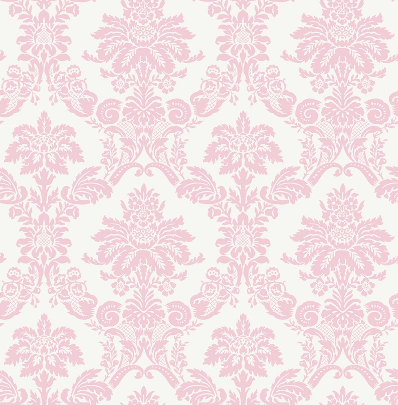 May include: A seamless pattern featuring a pink damask design on a white background. The pattern is intricate and elegant, with a repeating motif of floral and scrollwork.