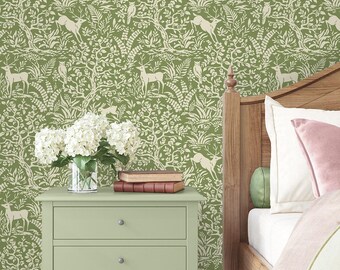 Green Scandinavian Peel and Stick Wallpaper: Forest Animals, Renter Friendly