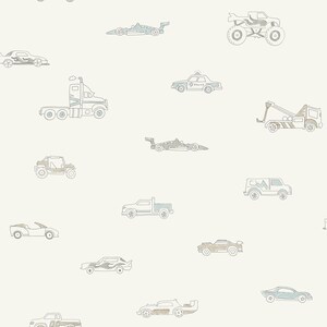 May include: A seamless pattern featuring various types of vehicles, including a police car, a monster truck, a semi-truck, a race car, a pickup truck, a van, and a jeep. The vehicles are drawn in a simple, cartoon style with a light blue and brown color scheme.