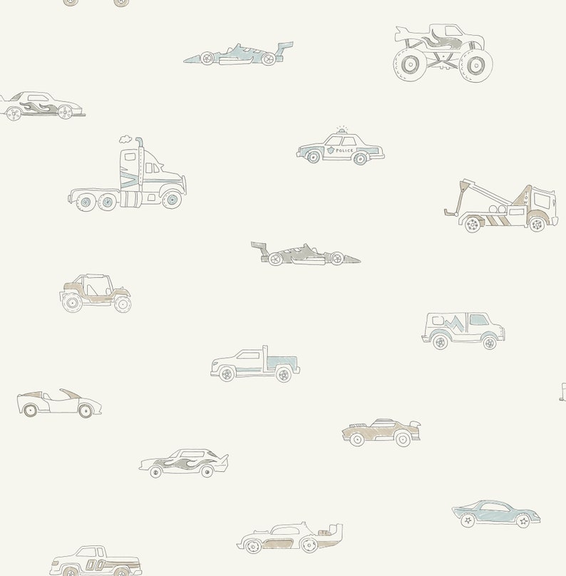 May include: A seamless pattern featuring various types of vehicles, including a police car, a monster truck, a semi-truck, a race car, a pickup truck, a van, and a jeep. The vehicles are drawn in a simple, cartoon style with a light blue and brown color scheme.