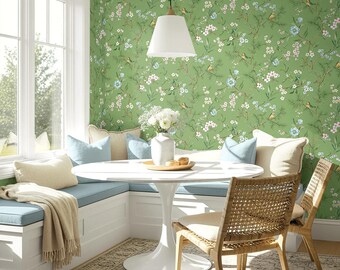 Green Chinoiserie Peel and Stick Wallpaper Bird Floral Self Adhesive Wallcovering