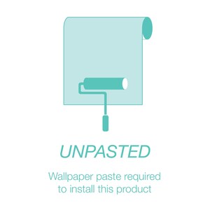 May include: A teal blue illustration of a wallpaper roll with a paint roller underneath. The text "UNPASTED" is below the image, and the text "Wallpaper paste required to install this product" is below that.