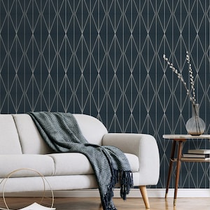 Geometric Peel and Stick Wallpaper Blue Self Adhesive Art Wallcovering Gold Renter Friendly DIY Wall Decor