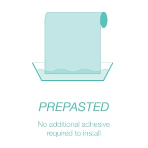 May include: A light blue roll of wallpaper is partially submerged in water. The text "PREPASTED" is below the image, and the text "No additional adhesive required to install" is below that.