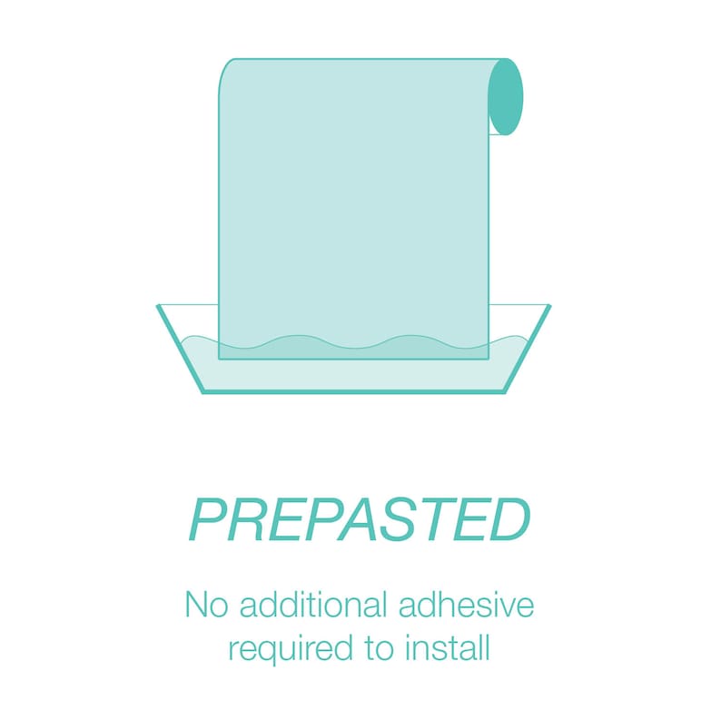 May include: A light blue roll of wallpaper is partially submerged in water. The text "PREPASTED" is below the image, and the text "No additional adhesive required to install" is below that.