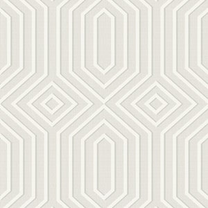 May include: A seamless pattern of white octagons and squares on a light gray background. The pattern is created by overlapping the shapes, creating a sense of depth and dimension.