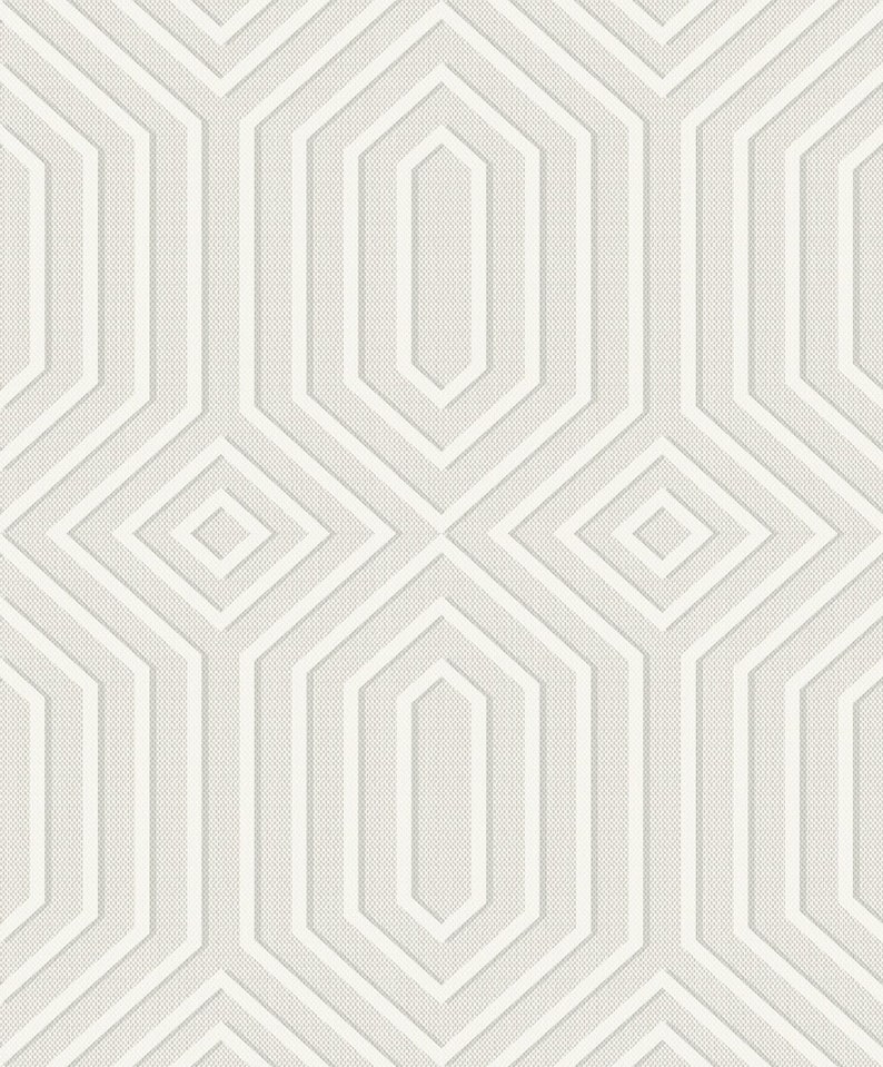 May include: A seamless pattern of white octagons and squares on a light gray background. The pattern is created by overlapping the shapes, creating a sense of depth and dimension.