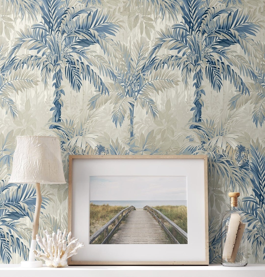 Tropical Peel and Stick Wallpaper Palm Leaf Blue Self Adhesive Tiger ...