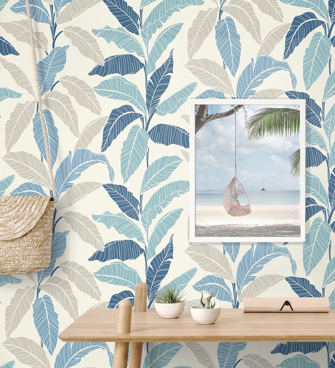Tropical Peel and Stick Wallpaper Palm Leaf Blue Self Adhesive Renter ...