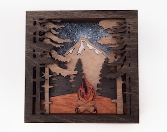 Campfire Forest Scene - Multilayer Wood Art - Starry Sky Mountains Trees Bonfire Nature Camping Cabin Cottage Decor