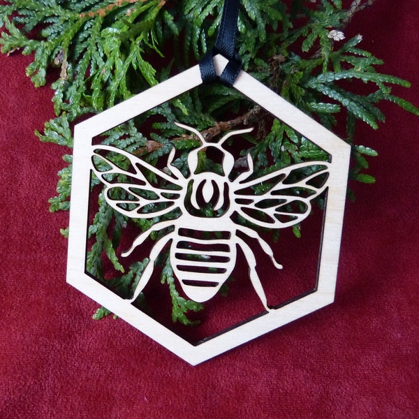 Bee ornament - laser cut baltic birch - Honey Hive Honeycomb Hex Nature Bumble Queen Worker Insect Christmas Yule