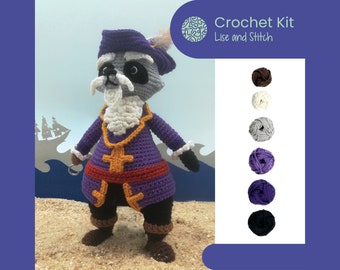 Captain Hook Crochet kit, the pirate racoon, amigurumi DIY