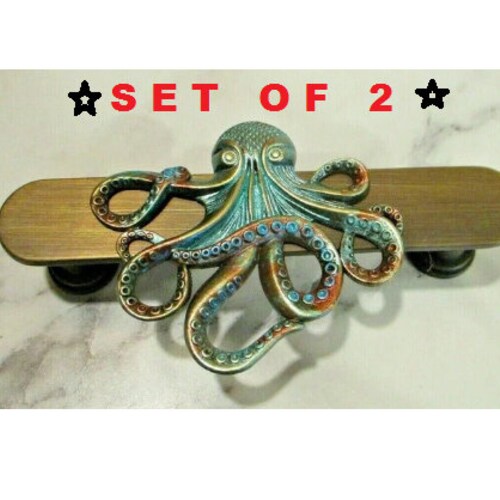 SET of 2 Vintage Bronze Copper Patina Octopus Cabinet Drawer Handle Pulls Kraken 