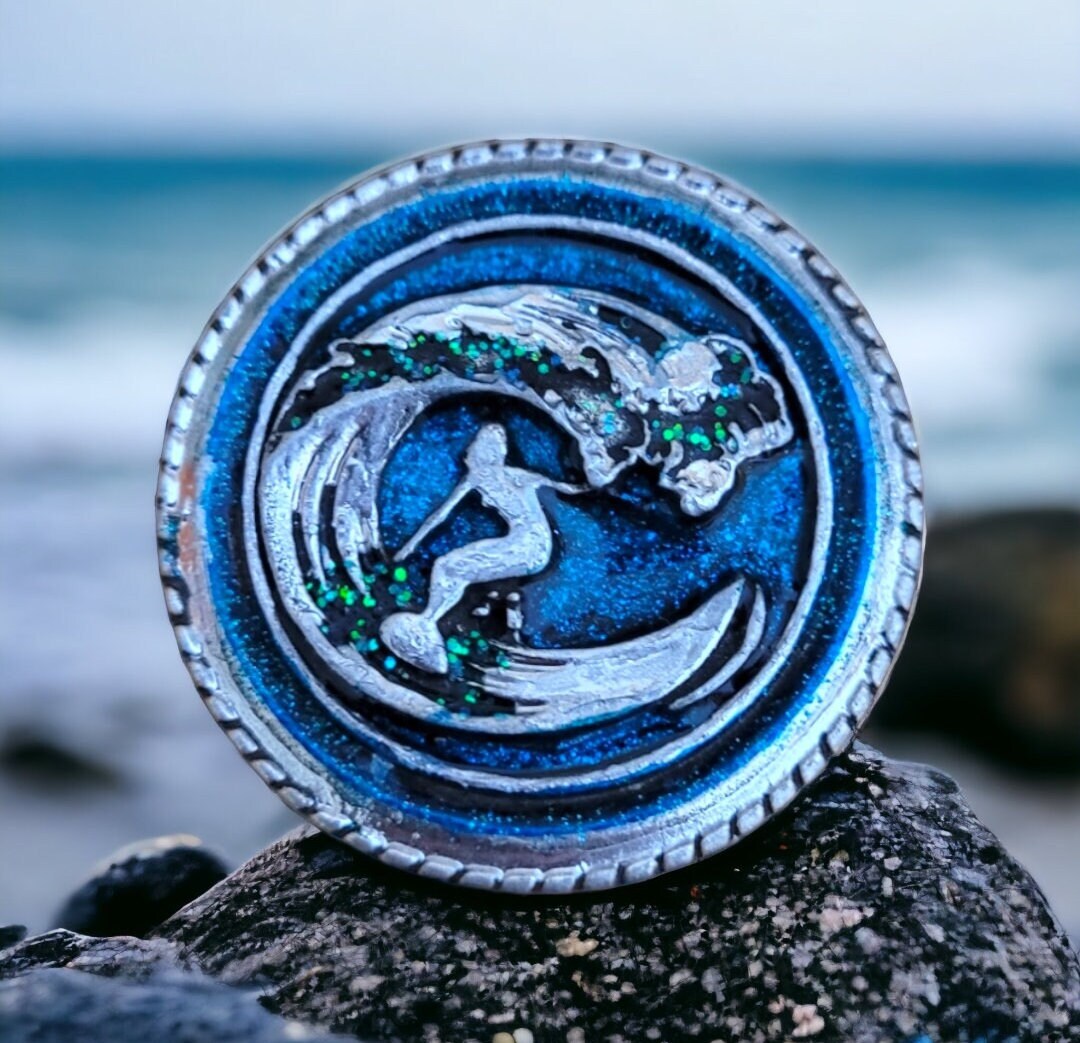 Coastal Beach Silver Pewter Blue Green Shimmer Nautical Surfer Waves