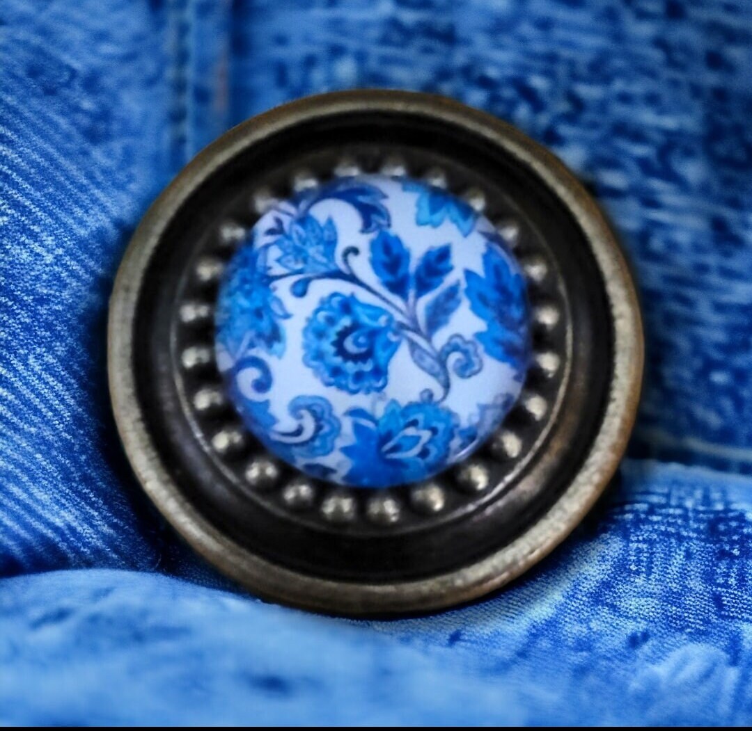 Vintage Golden Bronze Domed Glass Delft Blue and White