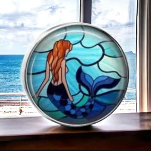 Coastal Beach Tropical Faux Stained Glass Mermaid Silver Nickel Cabinet Drawer Bifold Closet Door Knob Pull Handles Blue Mermaids Siren