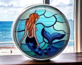Coastal Beach Tropical Faux Stained Glass Mermaid Silver Nickel Cabinet Drawer Bifold Closet Door Knob Pull Handles Blue Mermaids Siren
