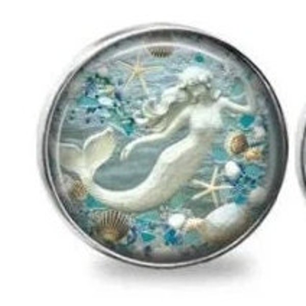 Coastal Beach Tropical Aqua Blue Mermaid Silver Nickel GLASS Cabinet Drawer Bifold Closet Door Knob Pull Handles Shabby So chic