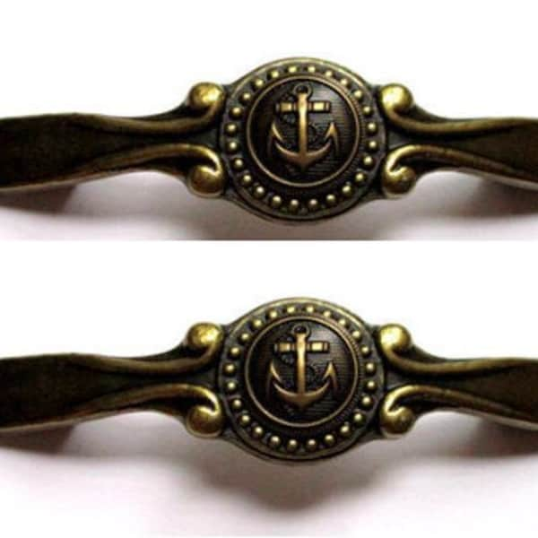 SET of 2 Gorgeous Anchor Nautical Golden Bronze Cabinet Drawer Handle Pulls Maritime Boating Captain Fishing Lodge