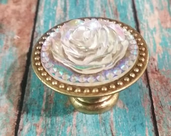 Gorgeous Ornate Vintage Gold Iridescent Faux Opal Shimmer Rose Cabinet Drawer Bifold Closet Door Knob Pull Handles floral roses