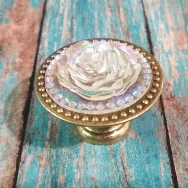 Gorgeous Ornate Vintage Gold Iridescent Faux Opal Shimmer Rose Cabinet Drawer Bifold Closet Door Knob Pull Handles floral roses