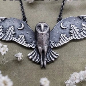 WOW Unique Vintage Silver Owl Celestial Bird Wicca Witch Spell Book Pendant necklace Gothic Moon Owls