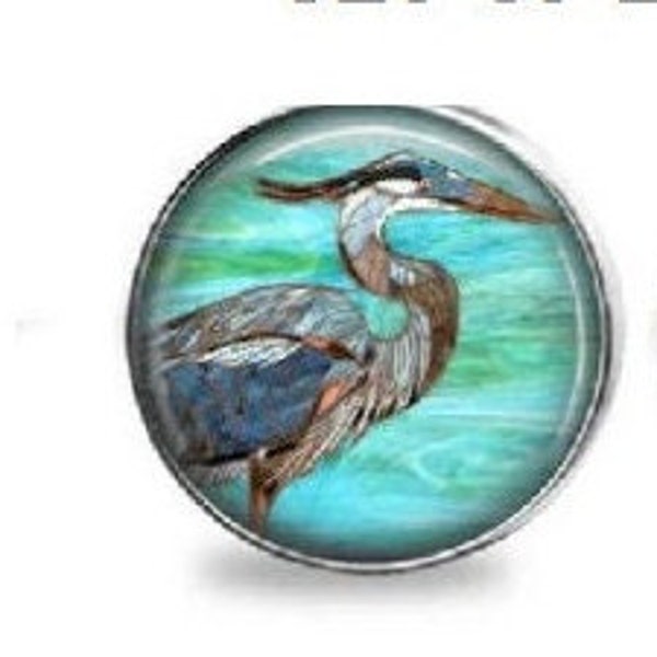 Coastal Beach Heron Silver Nickel GLASS Sparkling Cabinet Drawer Closet Knob Pull Handle Blue Aqua Coastal Beach