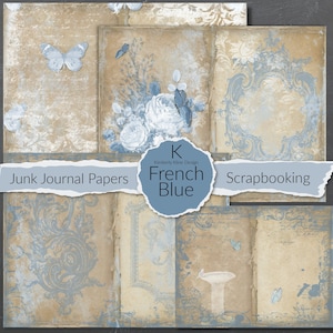 Junk Journal, Shabby, blu francese, Carte, Fogli collage, Carta stampabile, Floreale, Farfalla, Kit Digitale, Vittoriano, Barocco