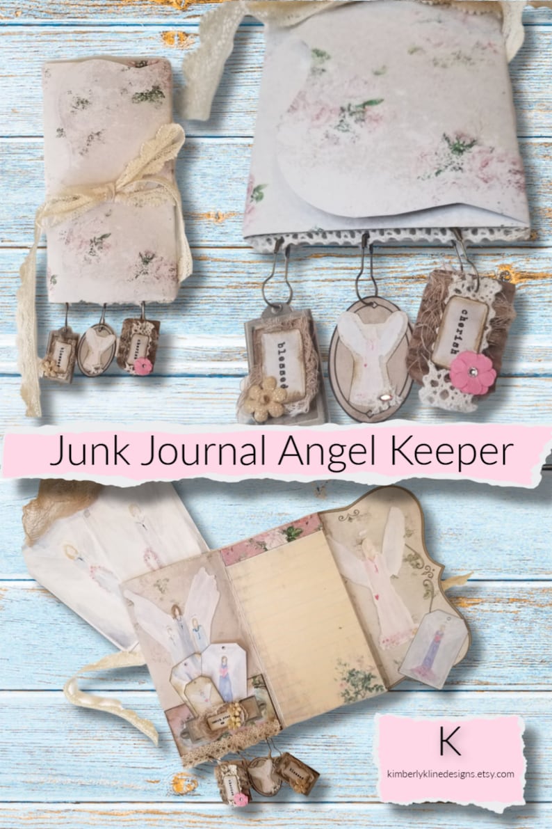 May include: A white and beige junk journal with a lace trim and angel wings. The journal is decorated with floral patterns and has several tags hanging from it. The tags are decorated with words like "blessed" and "cherish". The journal is titled "Junk Journal Angel Keeper".