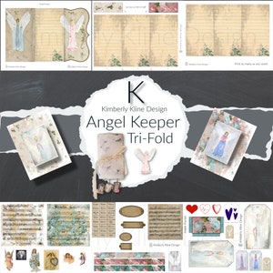May include: A printable tri-fold scrapbook kit with an angel theme. The kit includes a title page with the text "Angel Keeper Tri-Fold", a page with lined paper for journaling, a page with a decorative angel illustration, and a variety of embellishments such as tags, stickers, and washi tape.