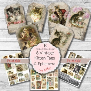 Vintage Kitten Pocket Tags, Cats, Loaded Envelope, Junk Journal Kit, Printable Ephemera, Collage Sheet, Vintage, Scrapbook, Crafting