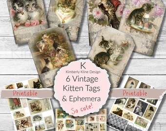 Vintage Kitten Pocket Tags, Cats, Loaded Envelope, Junk Journal Kit, Printable Ephemera, Collage Sheet, Vintage, Scrapbook, Crafting