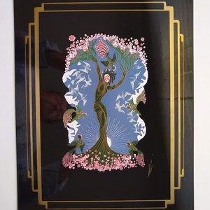 ERTE - FOUR Seasons - SUMMER - Earth Woman branching to Flower Above and Below w Doves..