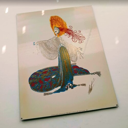 ERTE - L'ORIENTAL LADY - Pearl shops Mask Orange Feathers - Headresss & Flowing Tails. White Background.