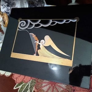 ERTE - Unnamed - ANGEL playing Human HARP Woman. Music Turning into Swirling Clouds.