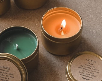 Sample Candle (2 oz) 100% Natural Soy Wax, Cotton Wick, Gold Travel Tin
