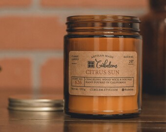Citrus Sun Wood Wick Soy Candle | Scented Orange, Peach, Grapefruit & Vanilla for Cheerful Rejuvenation