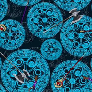 May include: A repeating pattern featuring teal-colored, circular designs with eye-like symbols and ornate borders. Various weapons, including axes and staves, are interspersed throughout the design. The word "Tavernley" is visible in the pattern. The overall theme is fantasy.