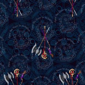May include: A dark blue seamless pattern featuring repeating circular emblems with the text Tavernley and Open the Door to Artistry. The design includes crossed weapons, including a silver battle axe and a staff with a red orb.