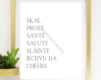 Cheers en diferentes idiomas Impresión digital / Slainte Instant Download / Bar Art Print / Cheers Wall Art / 8 x 10 Print