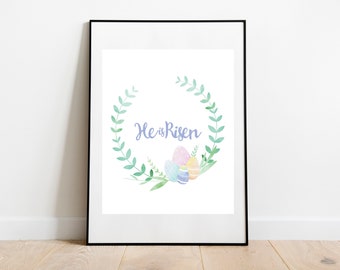 Es Risen Watercolor Digital Download, Wreath Easter Digital Print, 8x10 16x20 Easter Print, Easter Egg Print, Instant Download,
