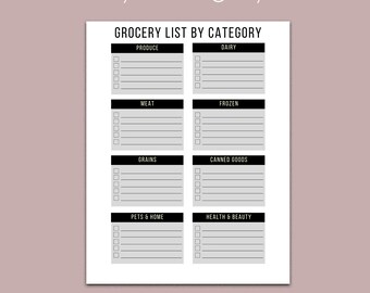 Grocery List by Category Printable, Fillable PDF Grocery List, Letter Size Grocery List